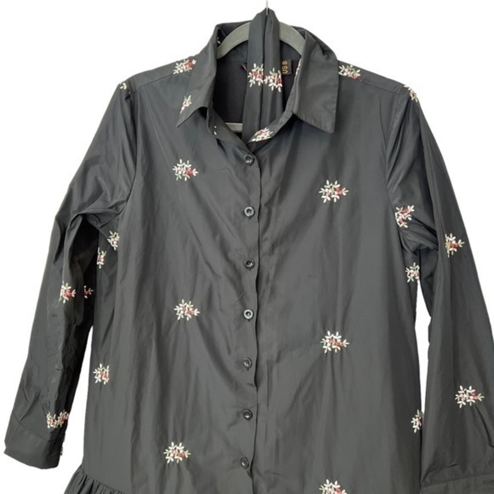 Annah Hariri Shereen Maxi Shirt Dress Black Floral Embroidered Button Sz 38 — image 3 of 8